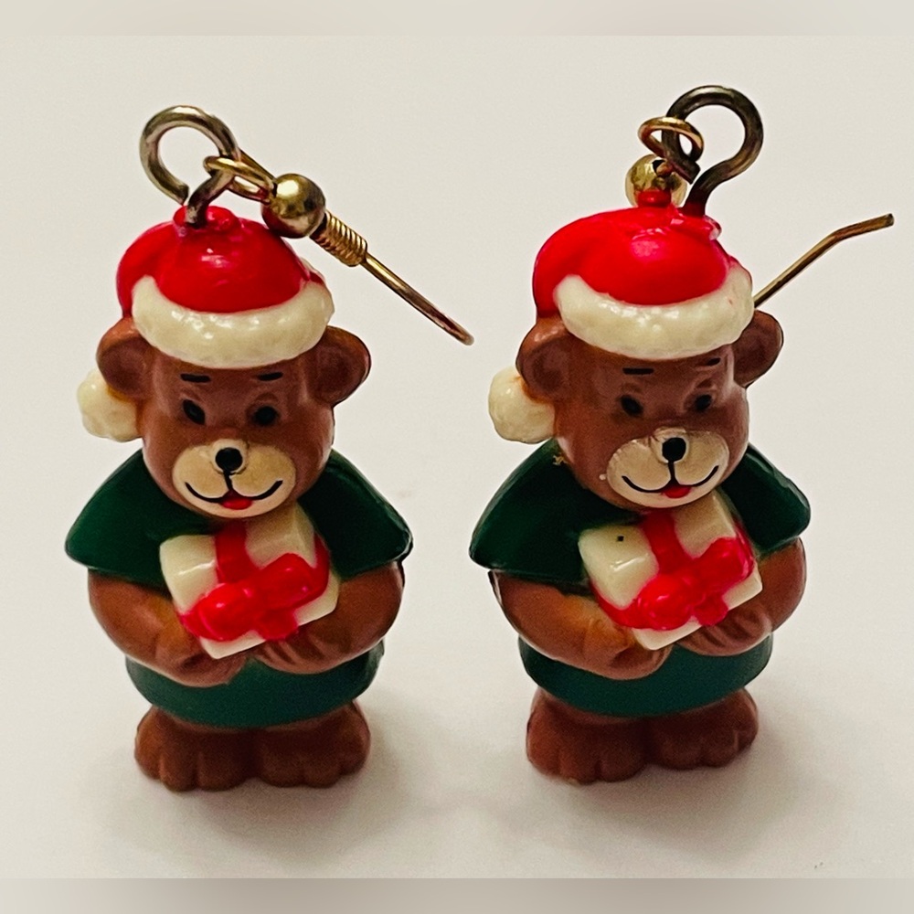 Vintage Christmas Teddy Bear Earrings Santa Bear Holiday Dangle Costume Jewelry